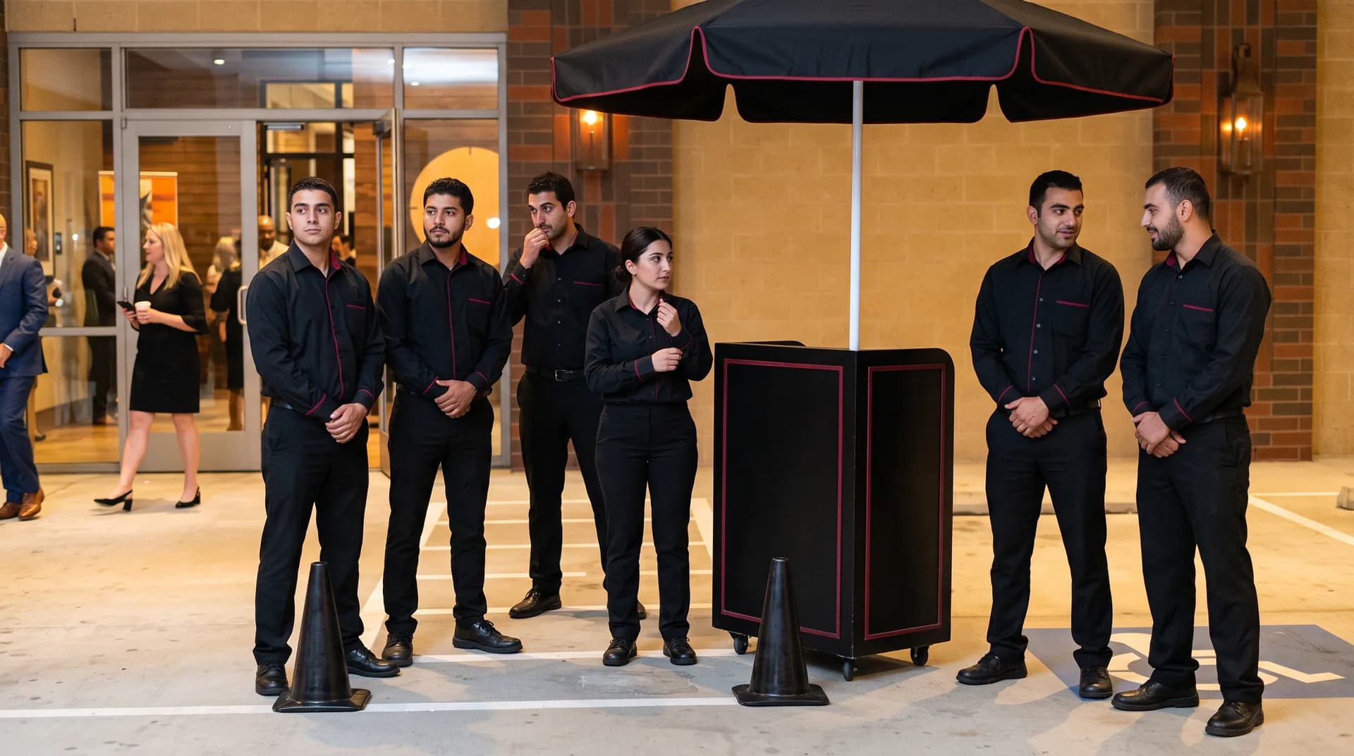 Luxury Parking System valet employees prepared beside the service podium
