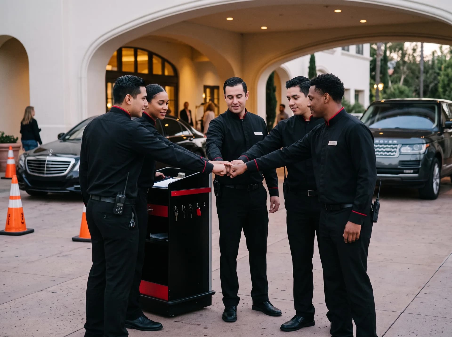 Luxury Parking System employees preparing together beside a valet podium