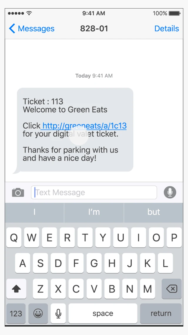 Guest receiving a secure digital valet ticket by SMS