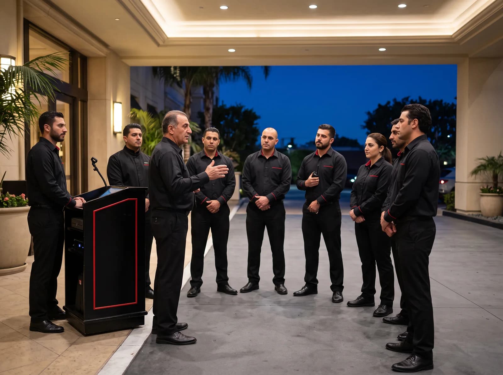 Professional valet team receiving a pre-shift briefing