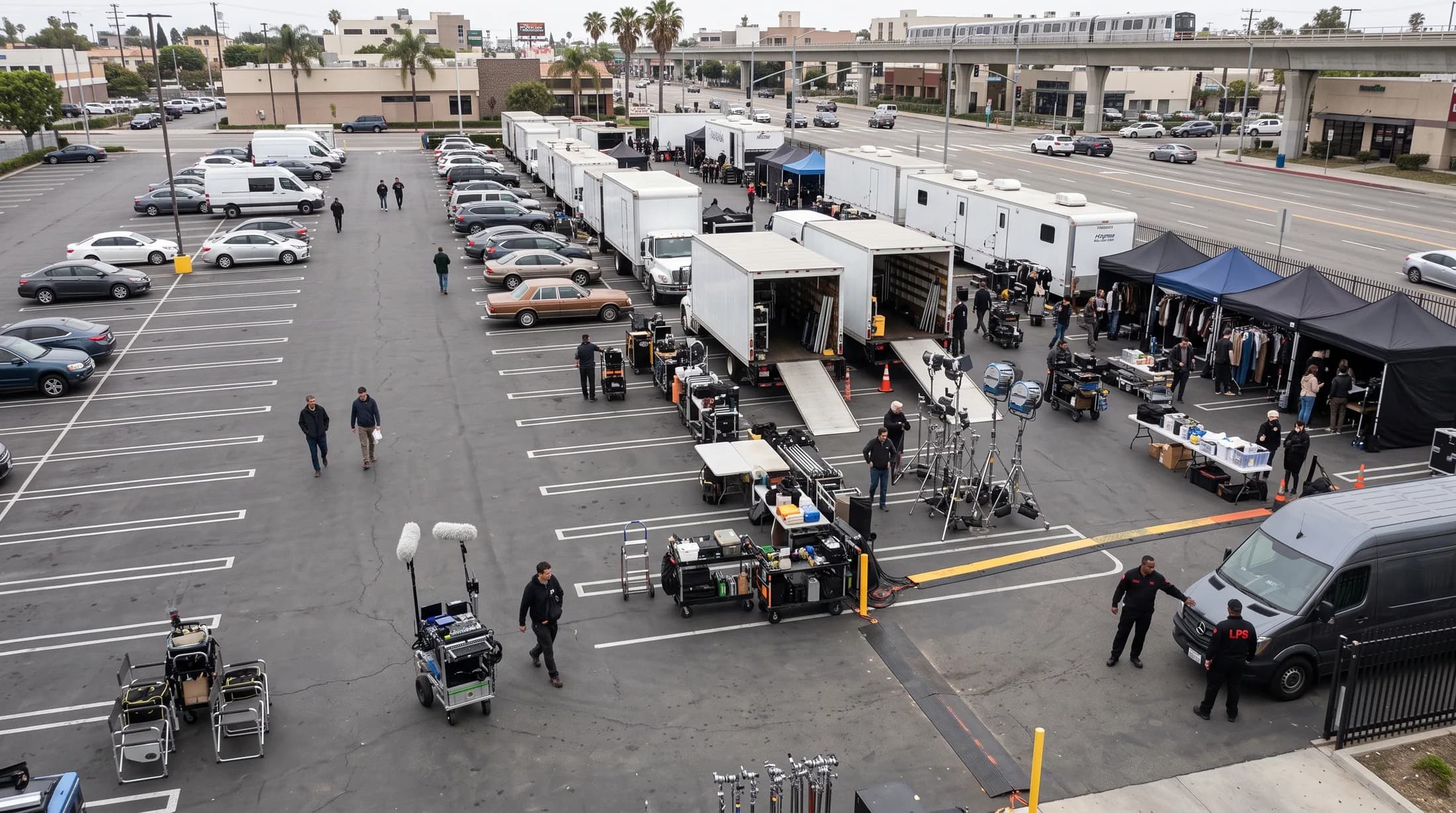 Film production vehicles and crew operating from a Southern California parking lot at dusk