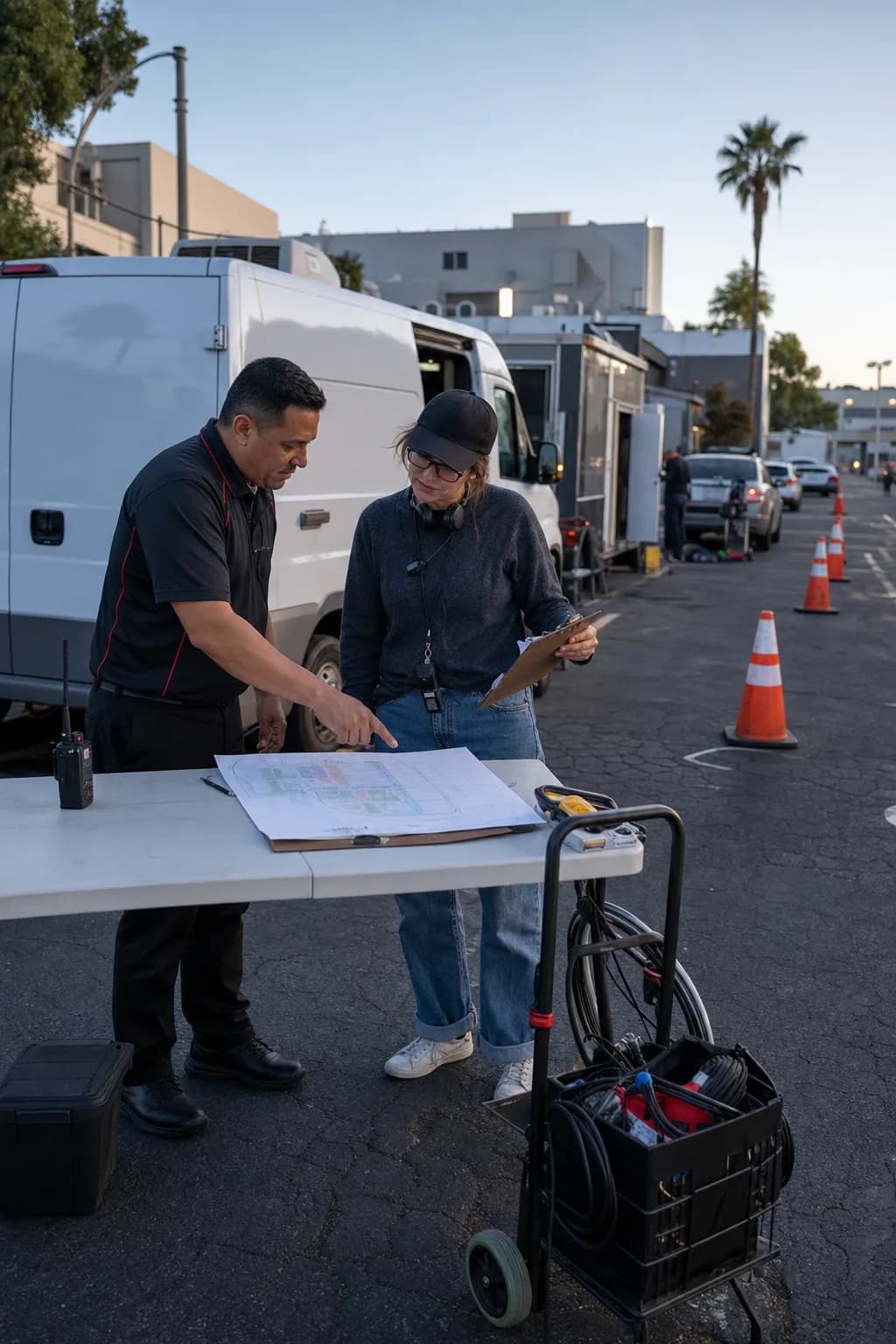 Parking operations supervisor and production coordinator reviewing a lot plan